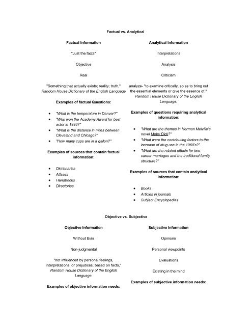 Factual vs. Analytical Factual Information "Just the facts" Objective ...