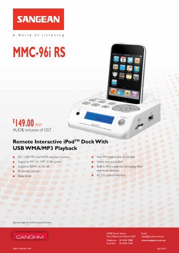 Information on Sangean Remote Interactive iPod Dock MMC-96RS