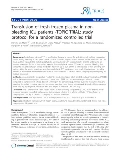 Transfusion of fresh frozen plasma in non-bleeding ICU ... - Trials