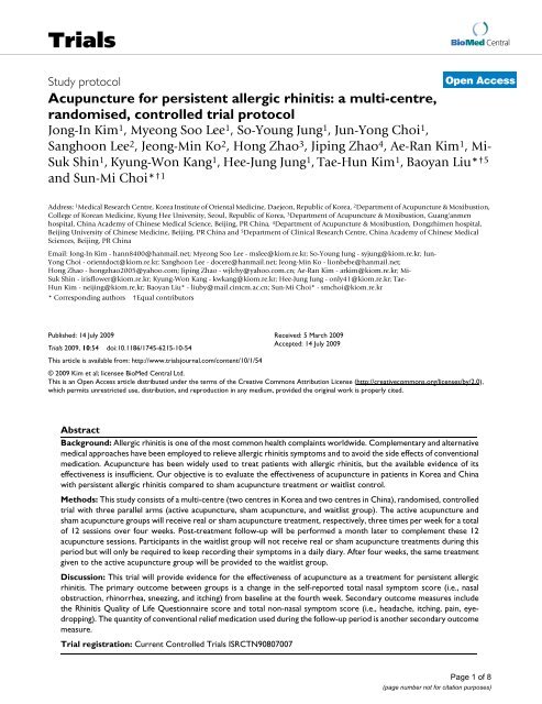 Acupuncture for persistent allergic rhinitis: a multi-centre ...