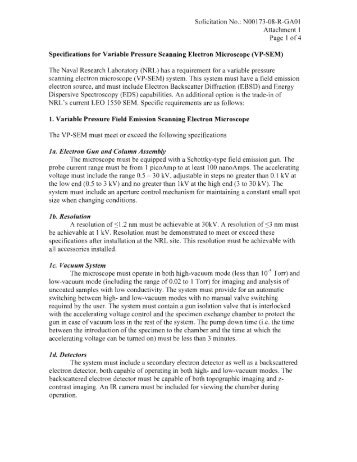 Specifications for Variable Pressure Scanning Electron Microscope ...