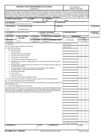 cdrl form DD Requirements  Exhibit  A Contract 1423 Form Data