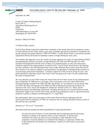 COOL letter to USDA - Food & Water Watch