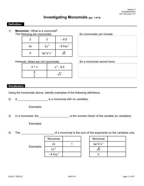 Investigating Monomials (pp. 1 of 4)