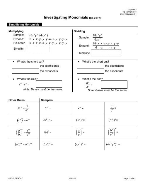 Investigating Monomials (pp. 1 of 4)