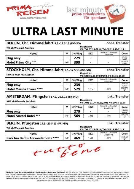 ULTRA LAST MINUTE HAMBURG, Pfingsten 17.5.-20.5.13 (FR-MO)