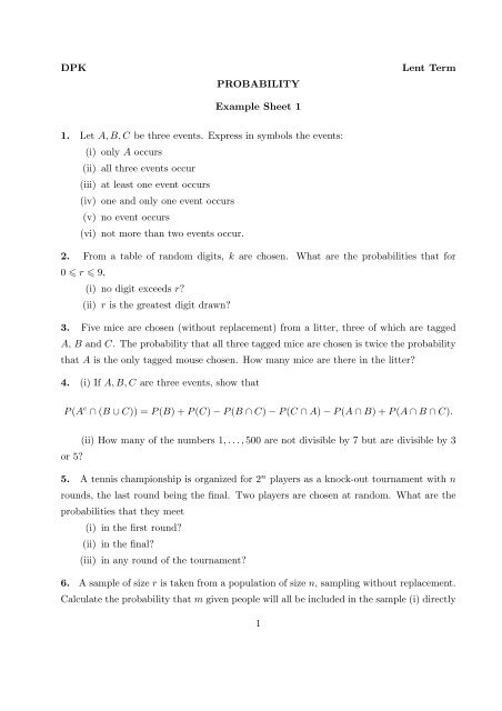 Dpk Lent Term Probability Example Sheet 1 1 Let A B C Be