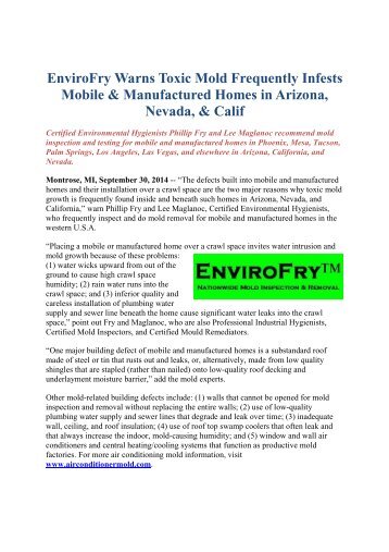 EnviroFry Warns Toxic Mold Frequently Infests Mobile & Manufactured Homes in Arizona, Nevada, & Calif