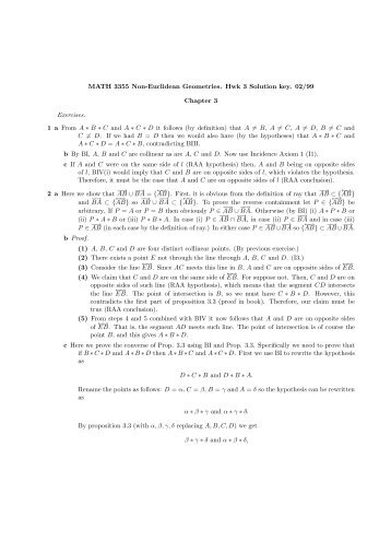 MATH 3355 Non-Euclidean Geometries. Hwk 3 Solution key. 02/99 ...