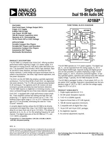 AD1868* Single Supply Dual 18-Bit Audio DAC - VasilTech Audio