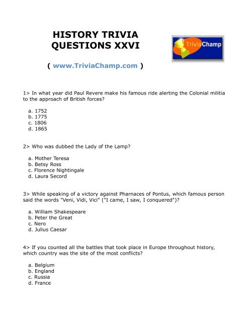 History Trivia Questions Xxvi Trivia Champ