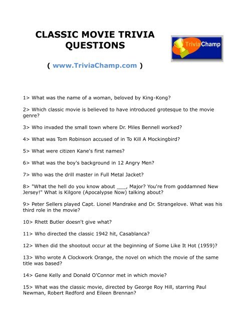 Classic Movie Trivia Questions Www Triviachamp Com
