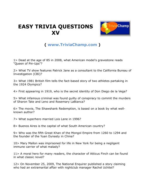 Easy Trivia Questions Xv Trivia Champ