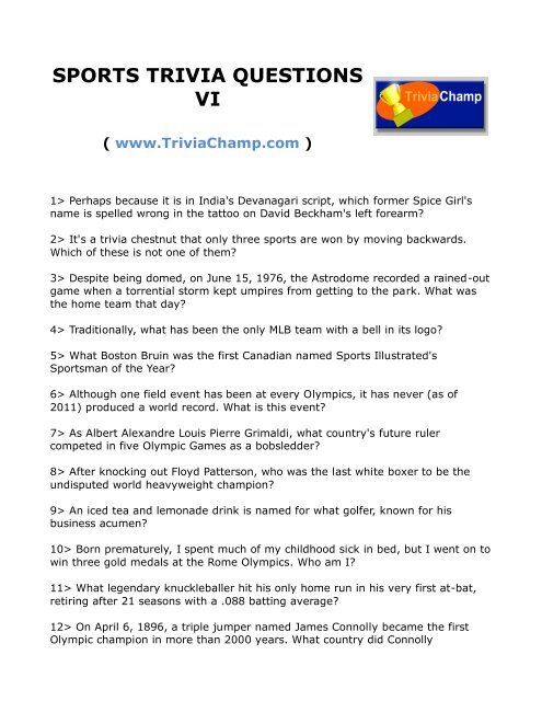 Sports Trivia Questions Vi Trivia Champ