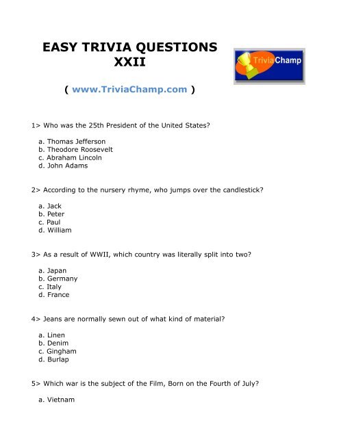 Easy Trivia Questions Xxii Trivia Champ