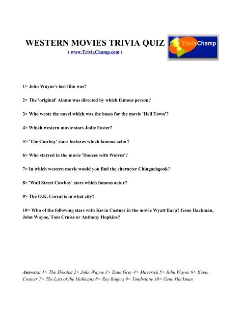 Western Movies Trivia Quiz Trivia Champ