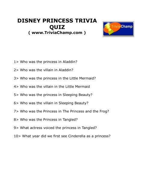 Free Printable Disney Princesses Trivia Quiz