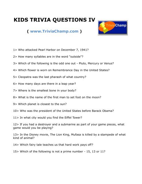 KIDS TRIVIA QUESTIONS IV - Trivia Champ