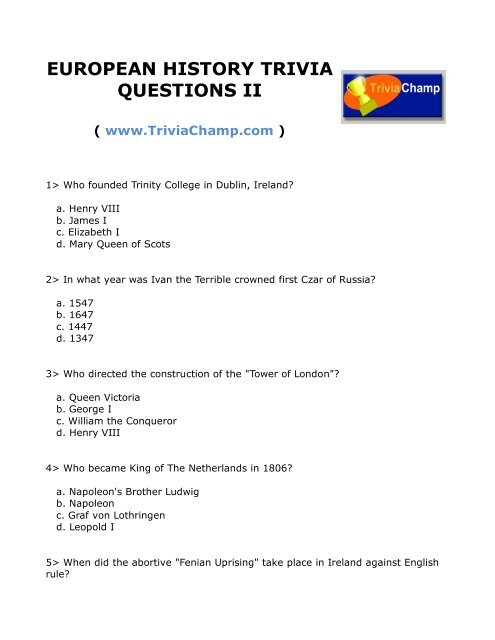 EUROPEAN HISTORY TRIVIA QUESTIONS II - Trivia Champ