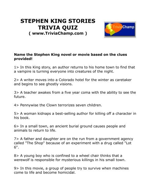 Stephen King Stories Trivia Quiz Trivia Champ
