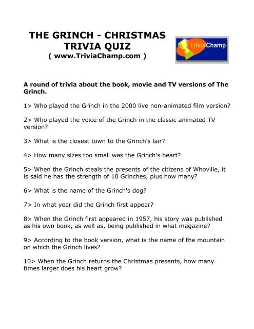 The Grinch Christmas Trivia Quiz Trivia Champ