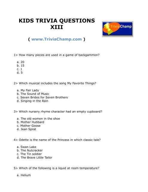 Kids Trivia Questions Xiii Trivia Champ