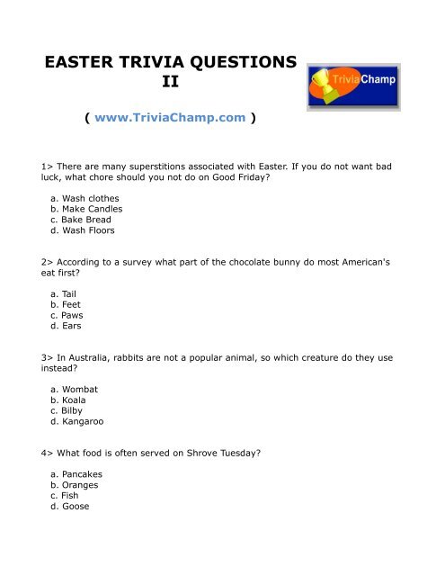 EASTER TRIVIA QUESTIONS II - Trivia Champ