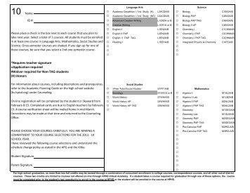 10 th Grade Course Selection Card