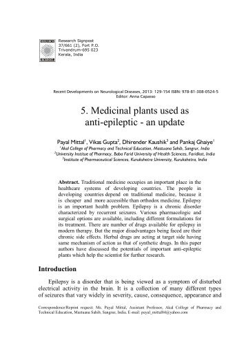 5. Medicinal plants used as anti-epileptic - an update