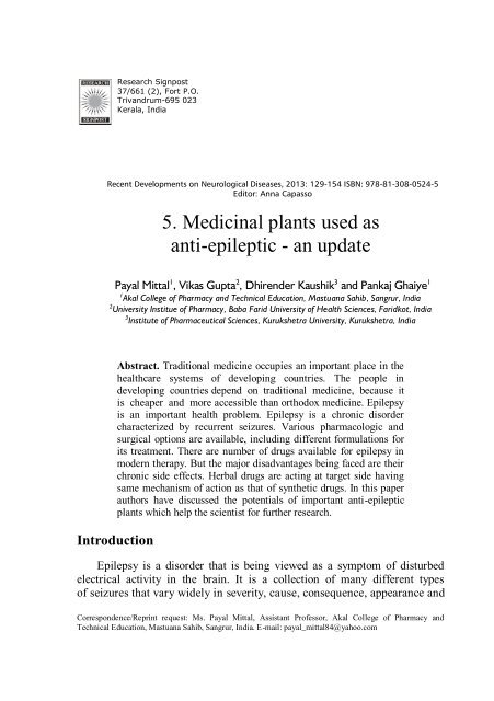 5. Medicinal plants used as anti-epileptic - an update