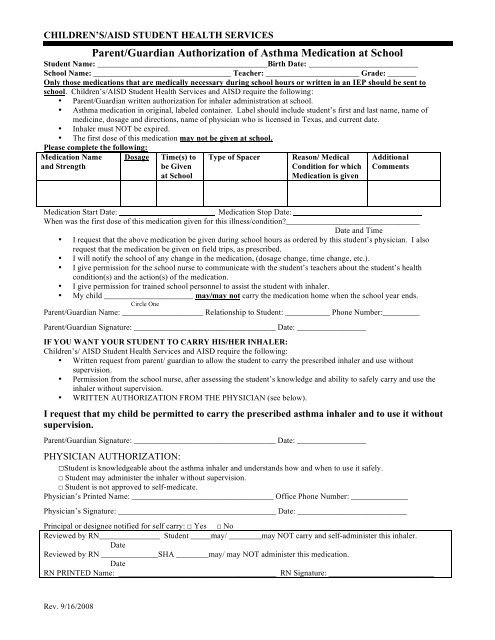 Parent/Guardian Authorization of Asthma Medication at ... - Austin ISD