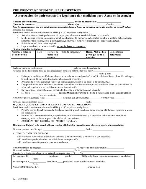 Parent/Guardian Authorization of Asthma Medication at ... - Austin ISD