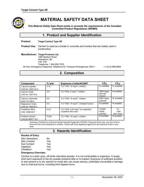 Target Type 30 Cement MSDS - Brock White