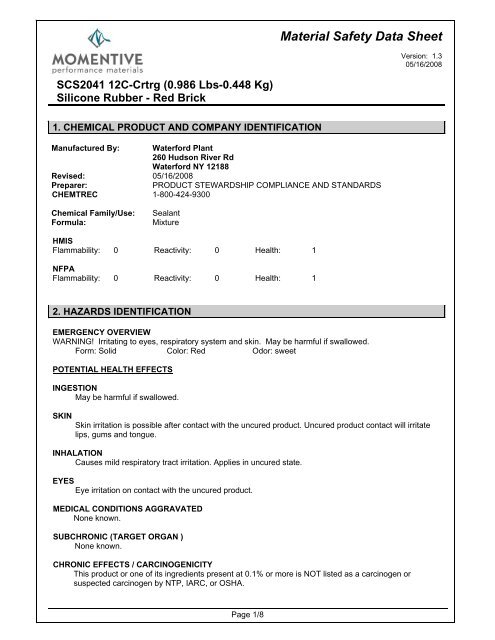 GE SCS 2041 Silpruf Brick Red MSDS - Brock White