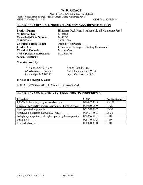 MATERIAL SAFETY DATA SHEET - Grace Construction Products