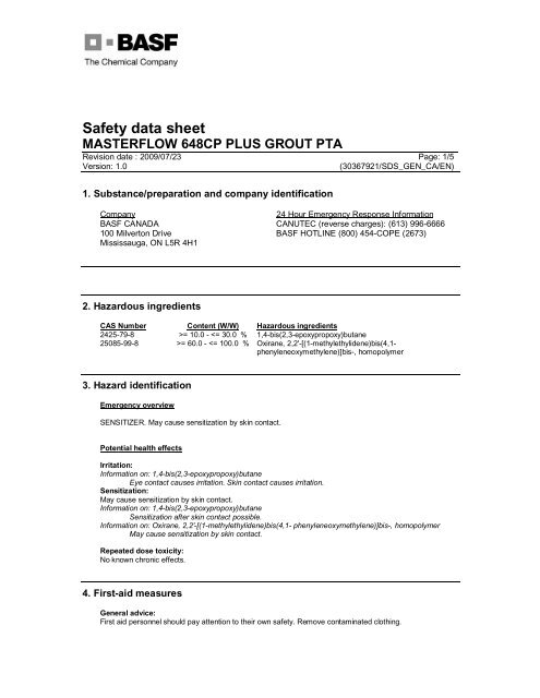 BASF Masterflow 648 CP Plus MSDS Part A - Brock White