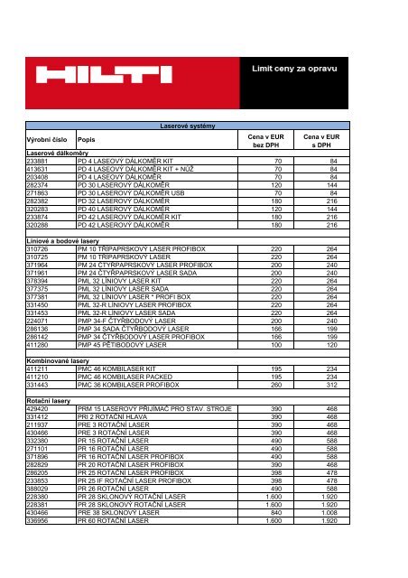 VÃ½robnÃ Ä Ãslo Popis Cena v EUR bez DPH Cena v EUR s DPH ... - Hilti