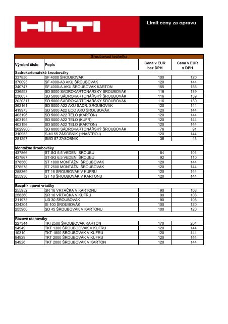 VÃ½robnÃ­ ÄÃ­slo Popis Cena v EUR bez DPH Cena v EUR s DPH ... - Hilti