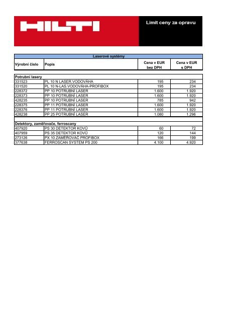 VÃ½robnÃ­ ÄÃ­slo Popis Cena v EUR bez DPH Cena v EUR s DPH ... - Hilti