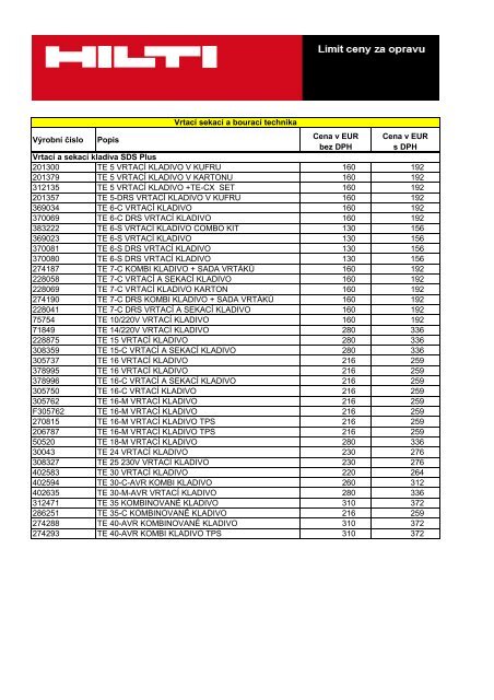 VÃ½robnÃ­ ÄÃ­slo Popis Cena v EUR bez DPH Cena v EUR s DPH ... - Hilti