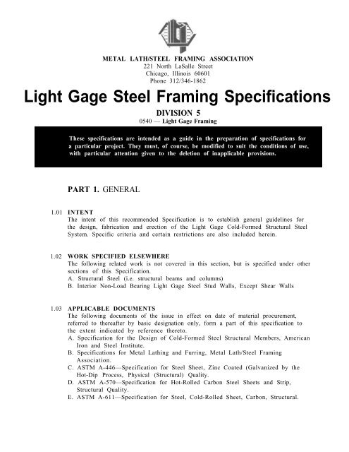Light Gage Steel Framing Specifications - AWCI