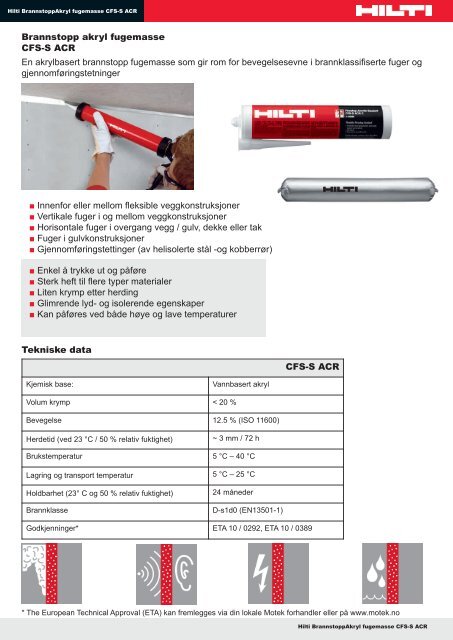 Hilti Brannstopp Akryl fugemasse CFS-S ACR - Motek