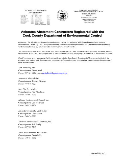 Asbestos Abatement Contractors Registered with the Cook County ...