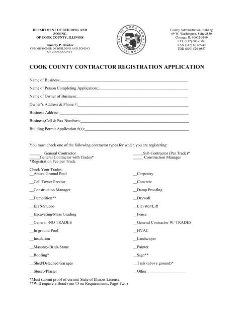 COOK COUNTY CONTRACTOR REGISTRATION APPLICATION
