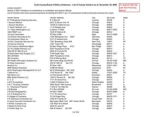 List of County Vendors: as of November 30, 2009 - Cook County