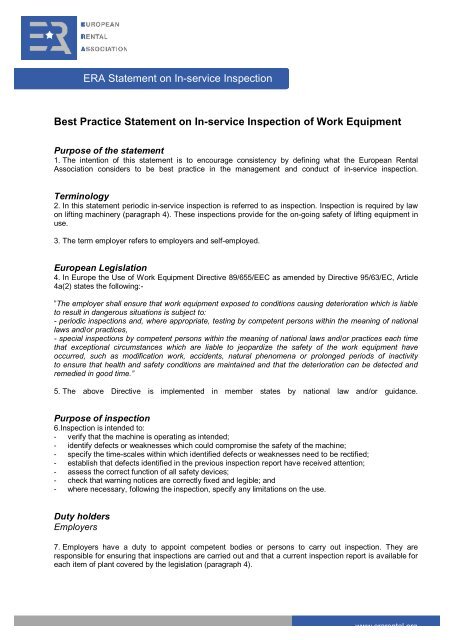 Best Practice Statement for In-service Inspection of Work Equipment