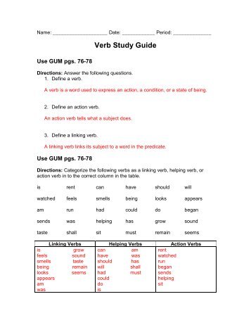 Verb Study Guide - answer key