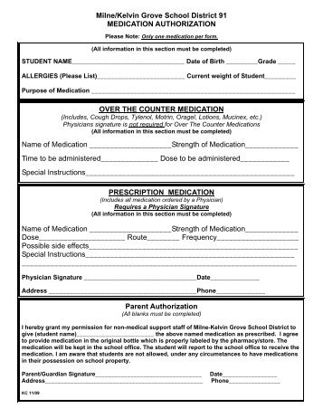 Medication Authorization Form - Milne-Kelvin Grove School District 91