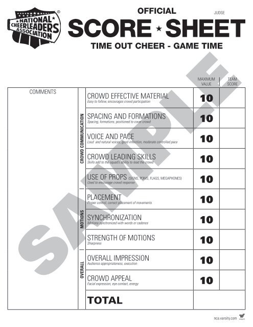 2014 School Sample Score Sheets - Varsity.com