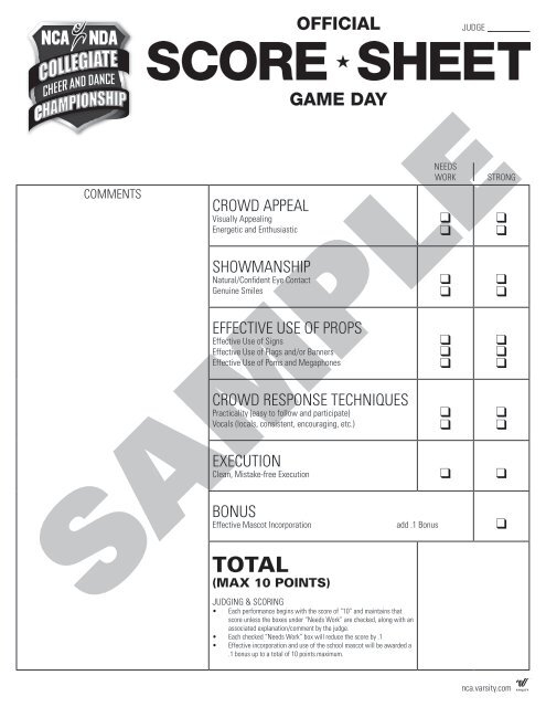 2014 Sample Score Sheets - National Cheerleaders Association ...